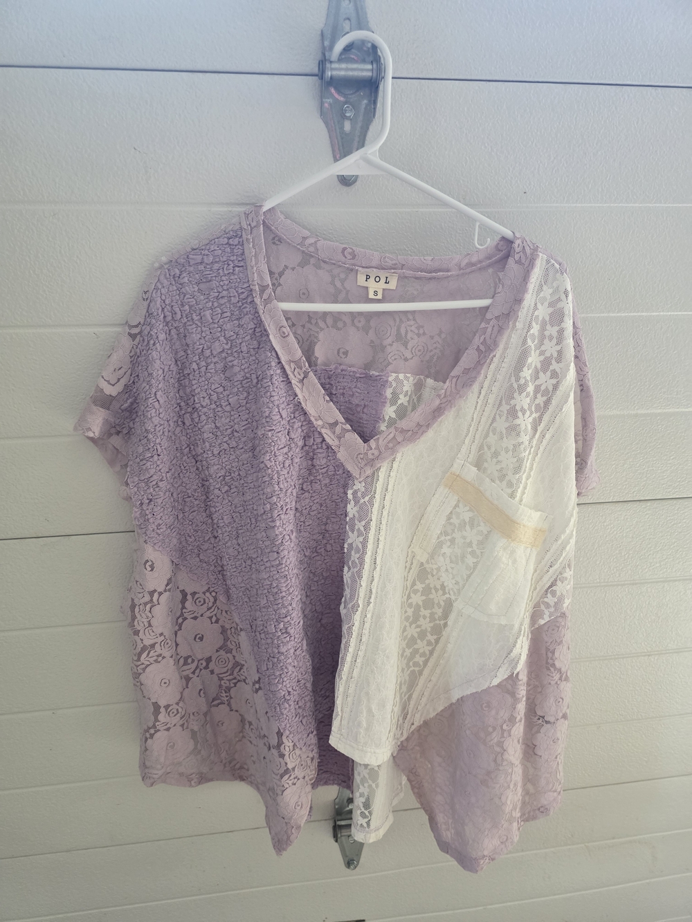 POL Lavender & Cream Lace Patchwork V-Neck Blouse